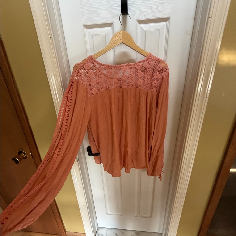 Love Riche Lace Yoke Tie-Front Blouse - Rust - Picture 2 of 6
